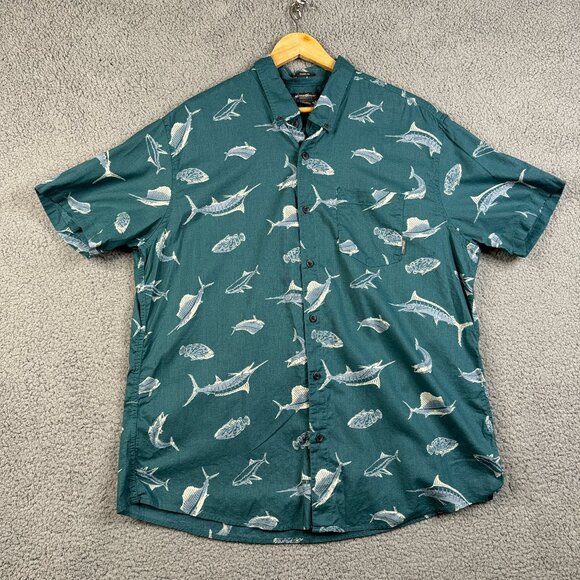 Eddie Bauer Shirt Mens XL Blue Green Fish All Over Print Marlin Pike Outdoor - Picture 1 of 14